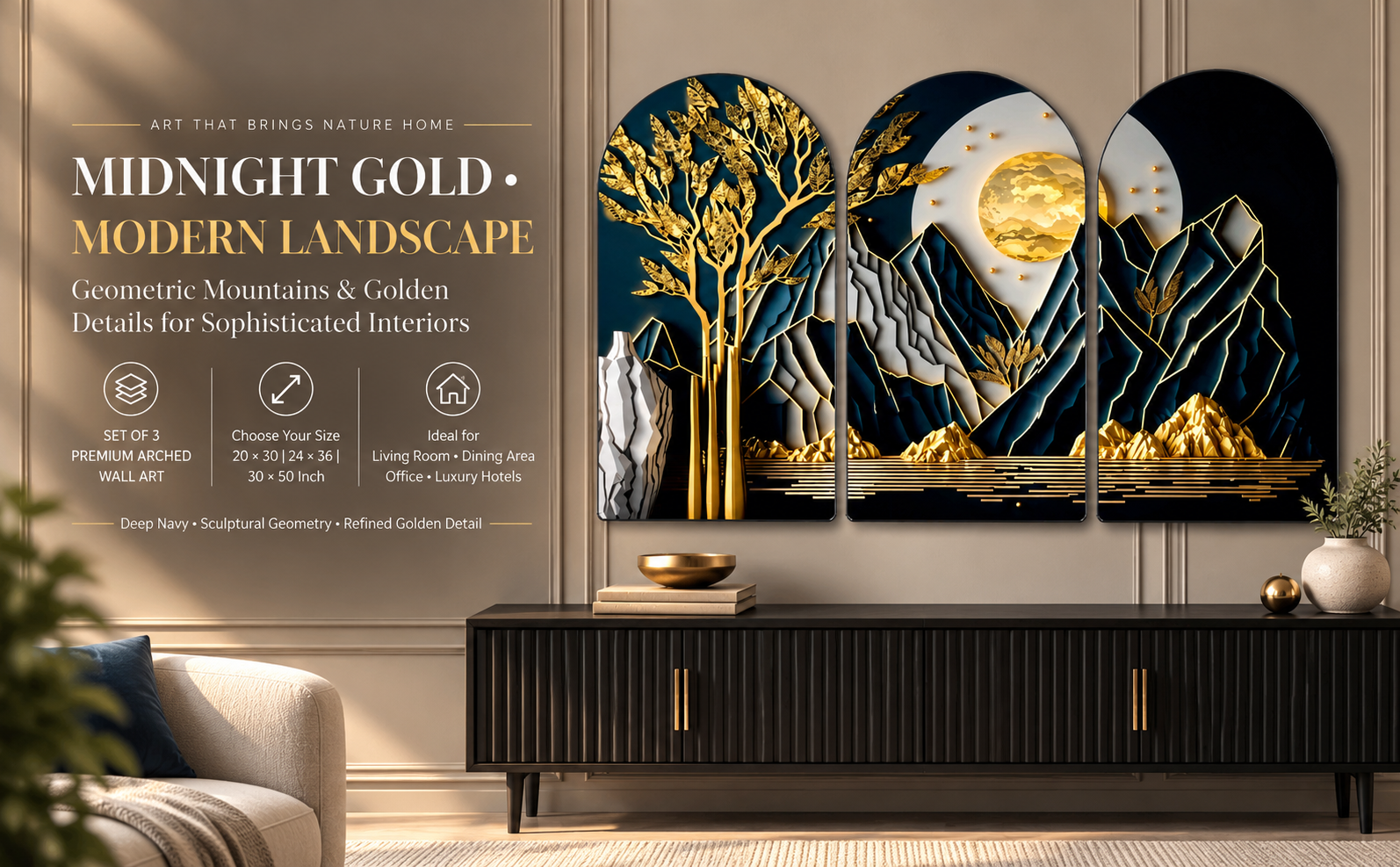 Black, Navy & Gold Geometric Mountain Art banner