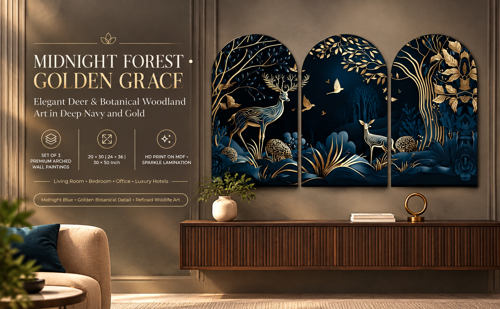 Midnight Blue & Golden Deer Forest banner