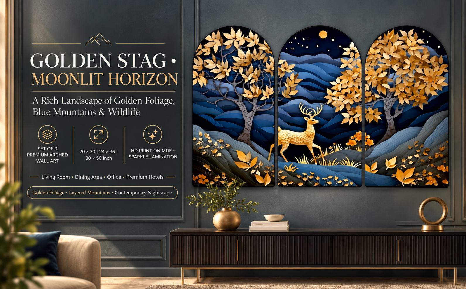 Golden Deer Moonlit Mountain Forest banner