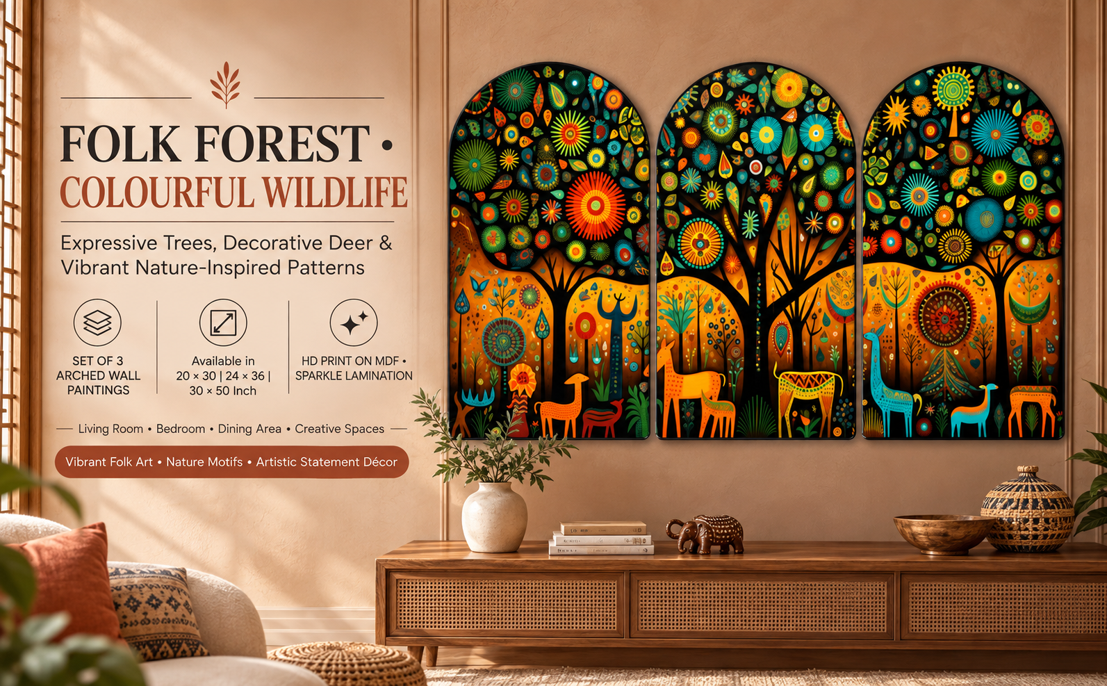 Colourful Folk Forest & Deer Wall Art banner