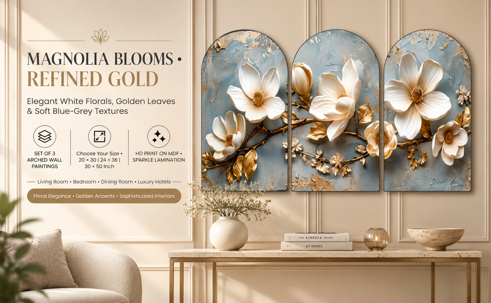 White Magnolia-Inspired Flowers & Gold Leaves banner