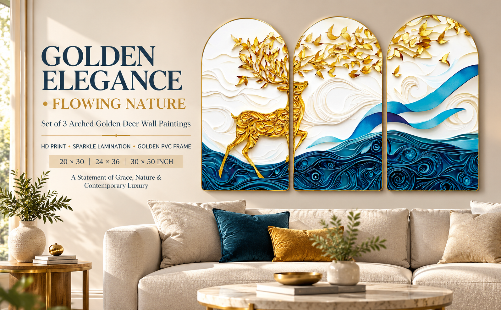 Golden Deer Tree and Blue Ocean Waves banner