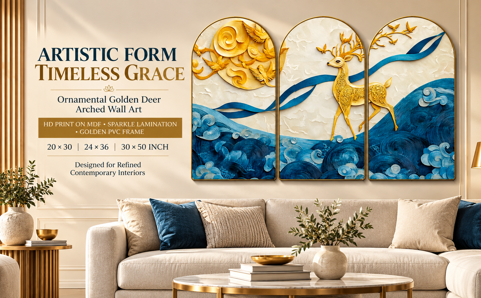 Ornamental Golden Deer and Blue Wave Landscape banner