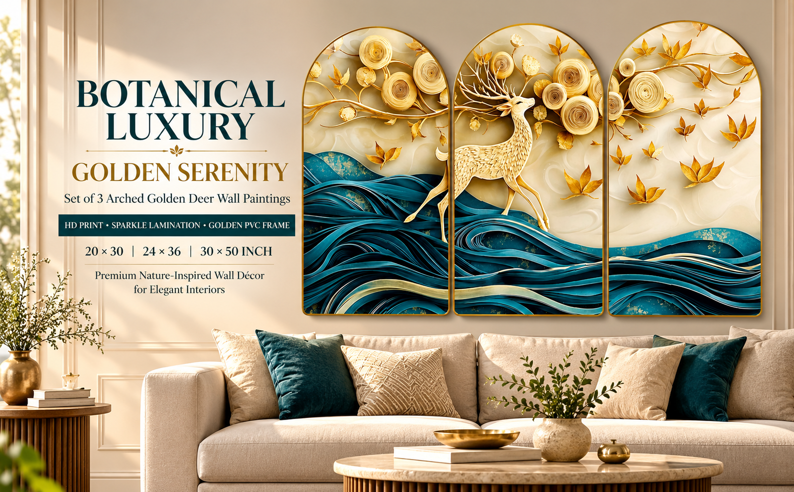 Golden Botanical Deer and Teal Wave Art banner