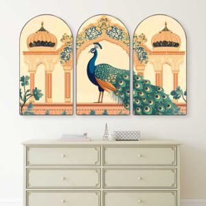 Set of 3 Royal Peacock Arched Wall Paintings | Palace, Floral & Lotus Peacock Wall Art | Traditional Indian Decor for Living Room, Bedroom, Office & Hotels