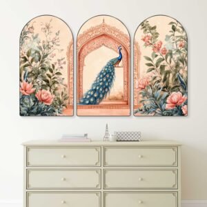 Set of 3 Peacock Arched Wall Paintings | Floral, Palace & Nature-Inspired Peacock Wall Art | Premium Statement Decor for Living Room, Bedroom, Office & Hotels