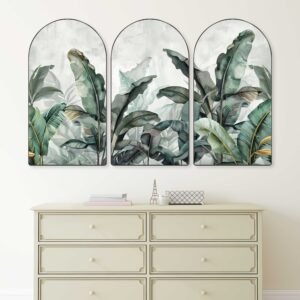 Set of 3 Tropical Botanical Arched Wall Paintings | Banana Leaf, Palm Forest & Nature Wall Art | Modern Green Wall Decor for Living Room, Bedroom & Hotels