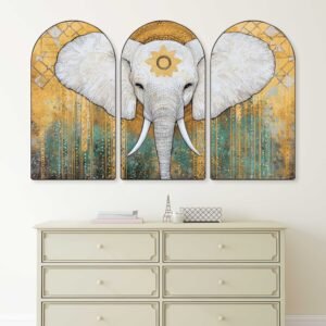 Set of 3 Elephant & Indian Heritage Arched Wall Paintings | Royal Procession, Folk Art & Traditional Indian Wall Decor for Living Room, Bedroom, Office & Hotels