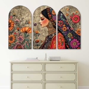 Set of 3 Traditional Indian Women & Folk Art Arched Wall Paintings | Rajasthani Floral Portrait & Village Dance Wall Art for Living Room, Bedroom, Office & Hotels