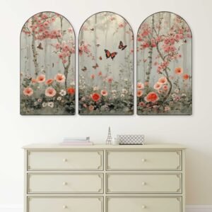 Set of 3 Arched Floral & Botanical Wall Paintings | Nature Inspired Flowers & Landscape Wall Art for Living Room Bedroom Home Decor