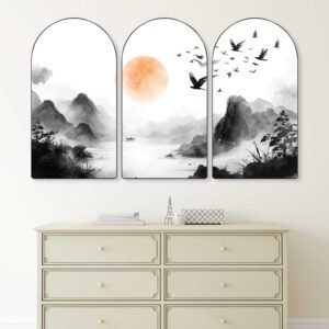 Set of 3 Mountain Landscape Arched Wall Paintings | Scenic Nature, Lake & Modern Abstract Mountain Wall Art for Living Room, Bedroom, Office & Hotels