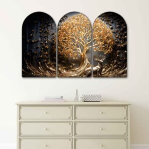Set of 3 Arched Golden Deer & Forest Wall Paintings Collection | HD Print on MDF Board with Sparkle Lamination & PVC Frame for Living Room Bedroom Office