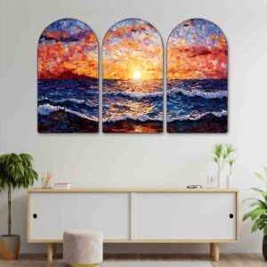 Set of 3 Arched Abstract Nature Wall Paintings Collection | HD Print on MDF Board with Sparkle Lamination & PVC Frame for Living Room Bedroom Office
