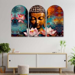 Set of 3 Arched Buddha Wall Paintings Collection | HD Print on MDF Board with Sparkle Lamination & PVC Frame for Living Room Bedroom Meditation Room Office