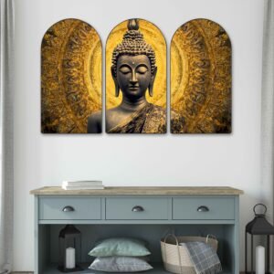 Set of 3 Arched Buddha Wall Paintings Collection | Golden Buddha Meditation, Spiritual Zen & Botanical Wall Art | HD Print on MDF Board with Sparkle Lamination & PVC Frame for Living Room Bedroom Office
