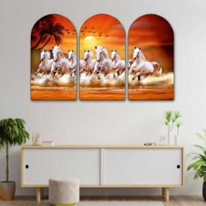 Set of 3 Arched Running Horses Wall Paintings Collection | HD Print on MDF Board with Sparkle Lamination & PVC Frame for Living Room Office