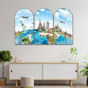 Set of 3 Arched World Travel Landmark Wall Paintings | HD Print on MDF Board with Sparkle Lamination & PVC Frame