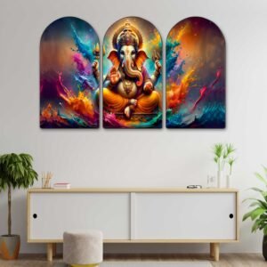 Set of 3 Arched Lord Ganesha Wall Paintings | HD Print on MDF Board with Sparkle Lamination & PVC Frame for Living Room Pooja Room Office