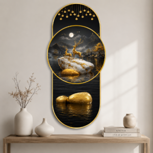 Luxury Deer Nature Designer Wall Paintings Collection | HD Print with Sparkle Lamination & PVC Golden Frame for Living Room Bedroom Office | 35 x 16 Inch