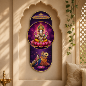 Lord Ganesha Designer Wall Paintings Collection | Ganpati Religious Spiritual Wall Art | HD Print with Sparkle Lamination & PVC Golden Frame for Living Room Pooja Room Entrance Office | 35 x 16 Inch