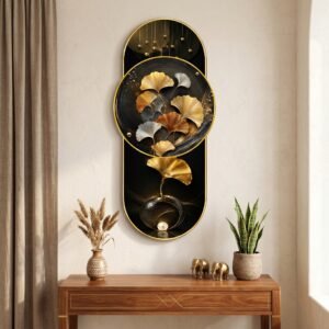 Black & Gold Botanical Ginkgo Leaf Abstract Wall Paintings Collection | HD Print with Sparkle Lamination & PVC Golden Frame for Living Room Entrance Office | 35 x 16 Inch