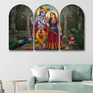 Set of 3 Arched Radha Krishna Wall Paintings Collection | HD Print on MDF Board with Sparkle Lamination & PVC Frame for Living Room Bedroom Pooja Room
