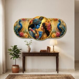 Radha Krishna Peacock Designer Wall Painting Collection | Premium Golden PVC Frame Wall Art | HD Print with Sparkle Lamination | 35 ? 16 Inch