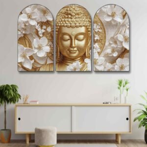 Set of 3 Arched Buddha Wall Paintings Collection | HD Print on MDF Board with Sparkle Lamination & PVC Frame for Living Room Bedroom Office