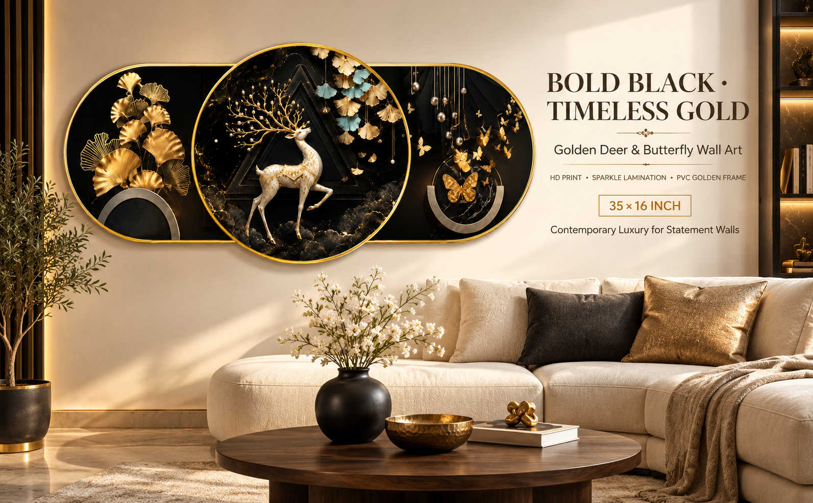 Golden Deer and Butterfly Botanical Luxury Designer Wall Painting banner