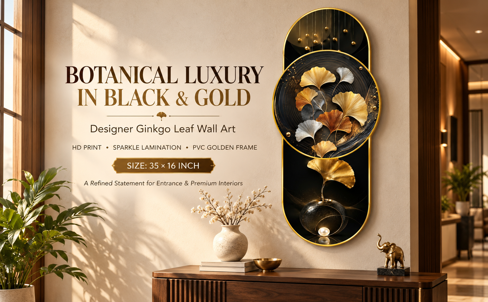 Vertical Golden Ginkgo Botanical Composition designer wall painting banner