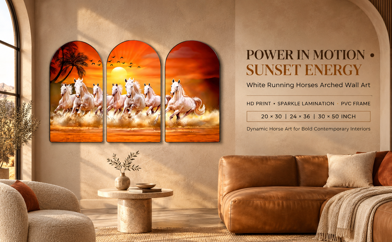 White Running Horses at Orange Sunset wall painting banner