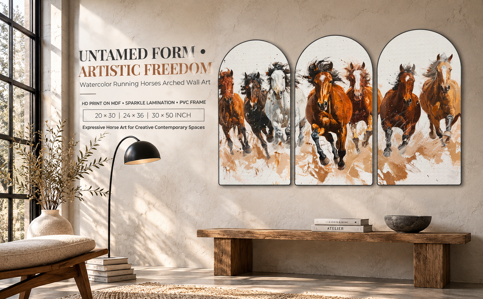 Expressive Brown and White Watercolor Horses wall painting banner