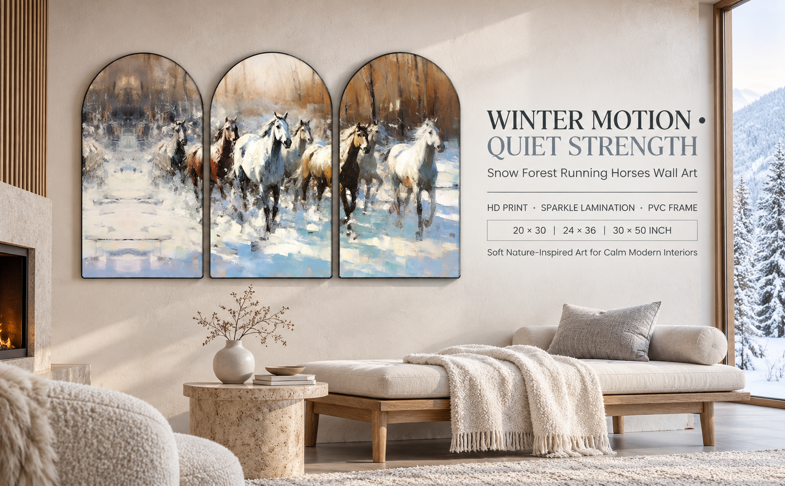 Running Horses in Snow Forest wall painting banner
