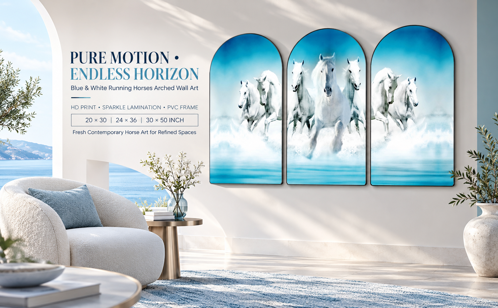 White Horses in Blue Landscape wall painting banner