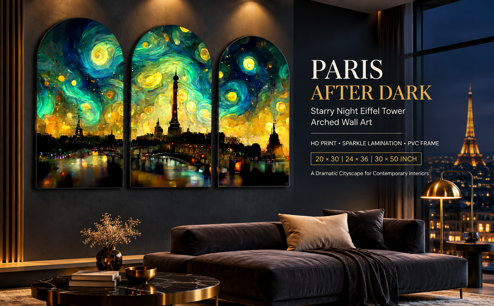 Starry Night Eiffel Tower Cityscape Set of 3 Arched Paris Wall Paintings banner