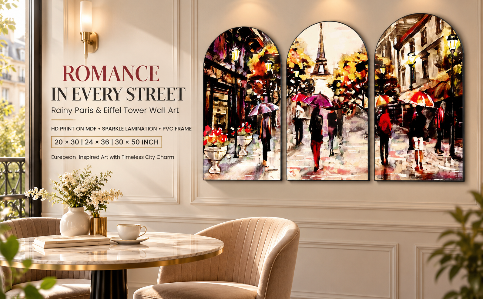 Rainy Paris Street with Umbrellas Set of 3 Arched Paris Wall Paintings banner