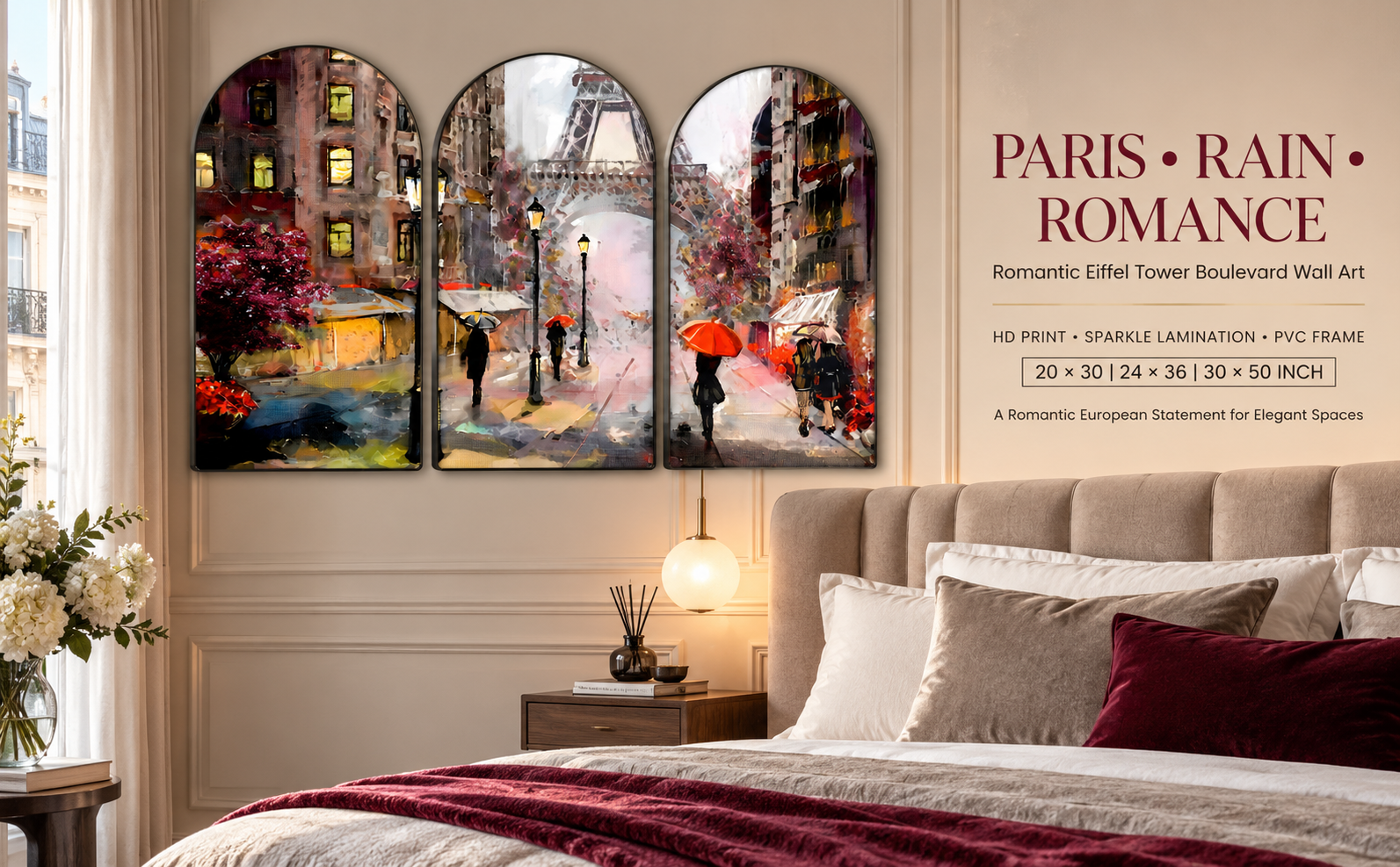 Romantic Eiffel Tower Boulevard in Rain Set of 3 Arched Paris Wall Paintings banner