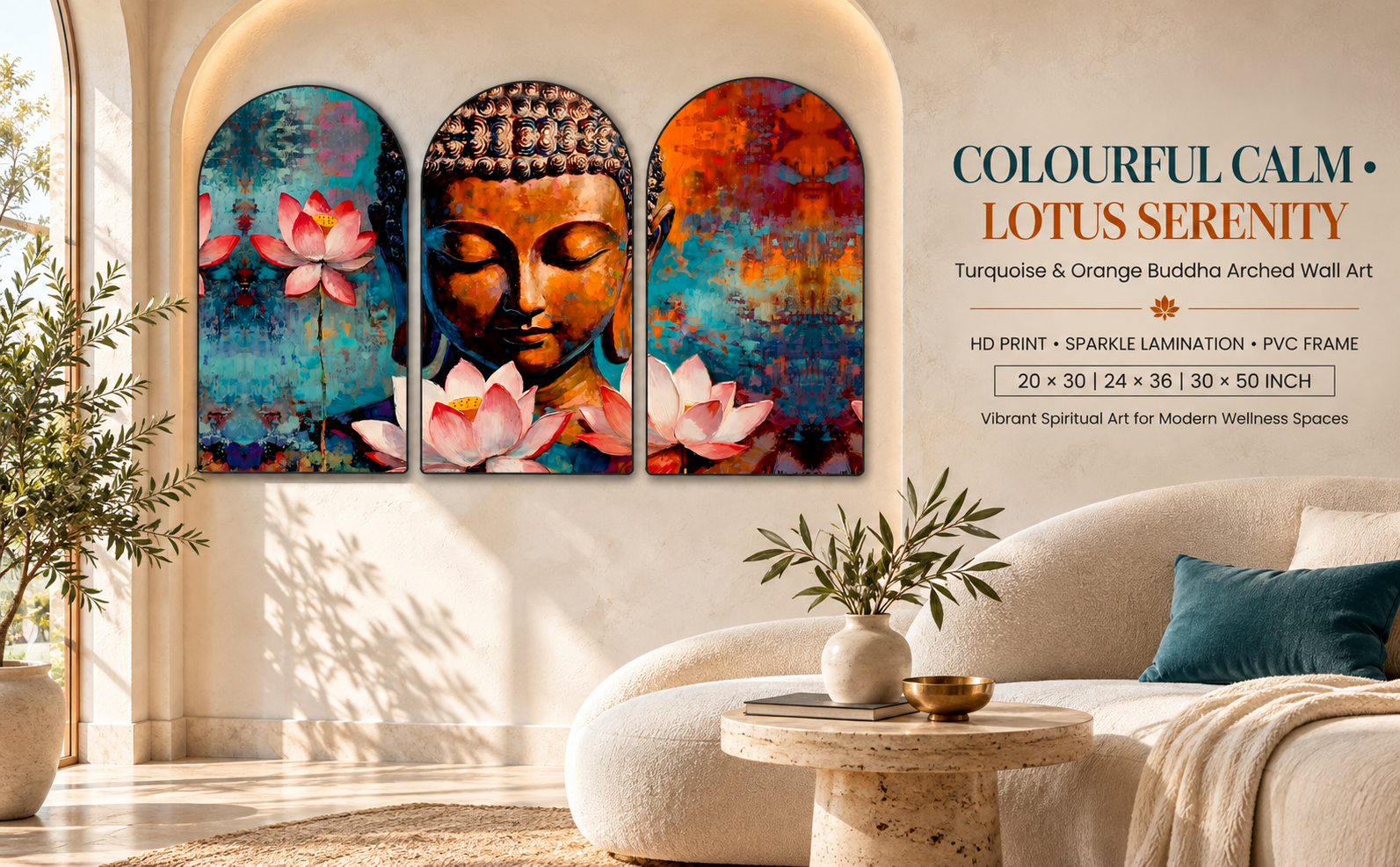 Turquoise and Orange Buddha with Pink Lotus Set of 3 Arched Wall Paintings banner