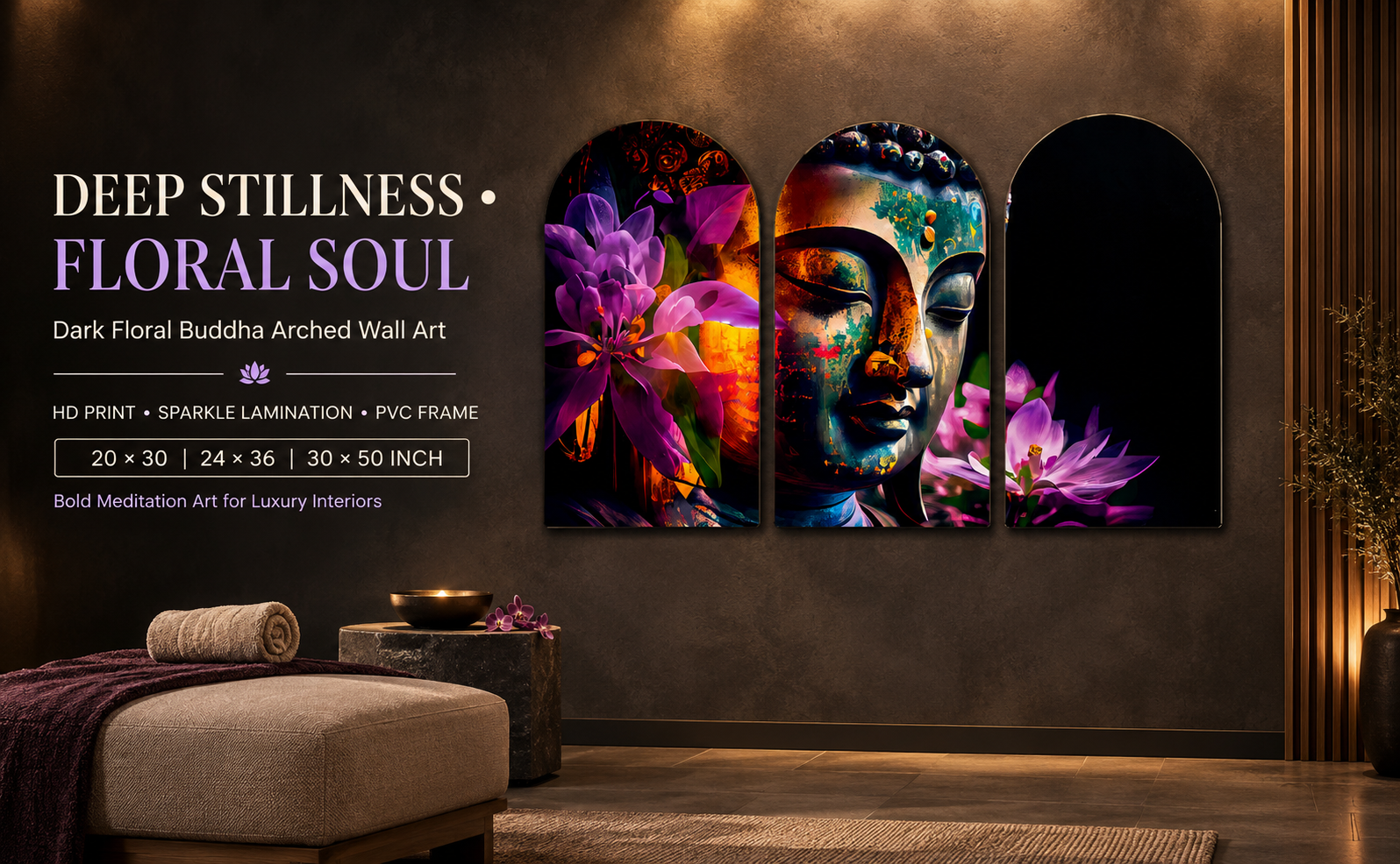 Dark Floral Buddha with Purple Blossoms Set of 3 Arched Wall Paintings banner