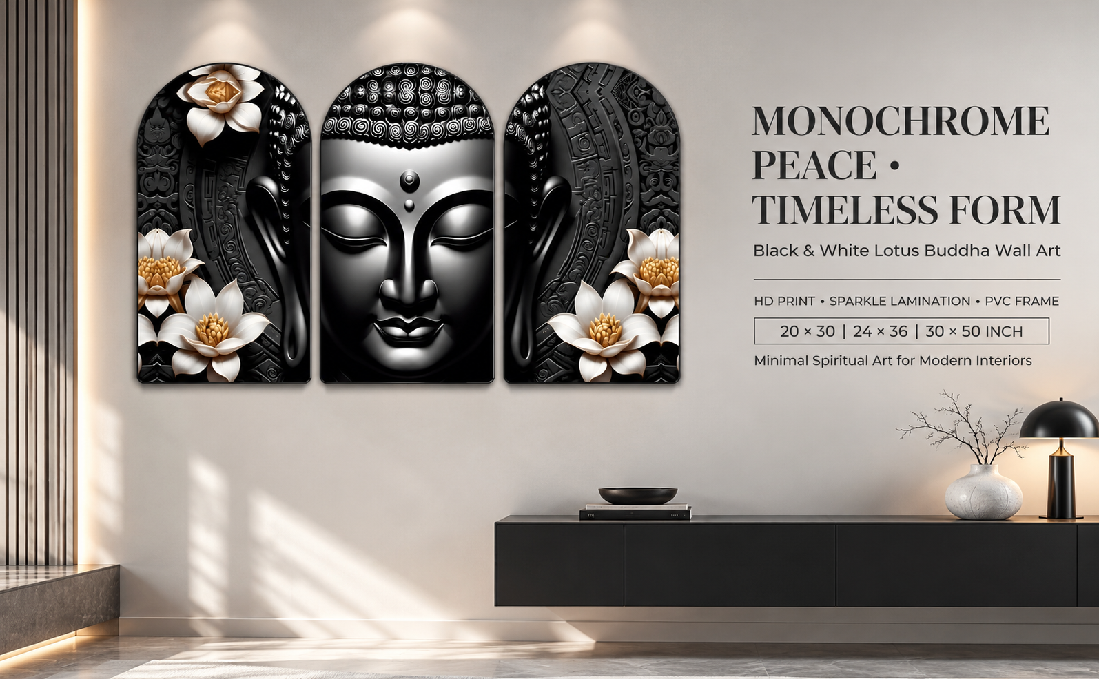 Black and White Buddha with Lotus Flowers Set of 3 Arched Wall Paintings banner