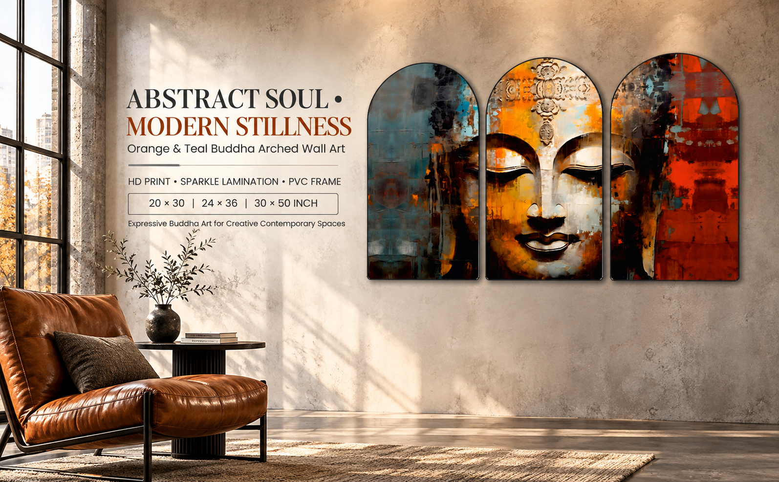 Abstract Orange Teal and Earth-Tone Buddha Set of 3 Arched Wall Paintings banner
