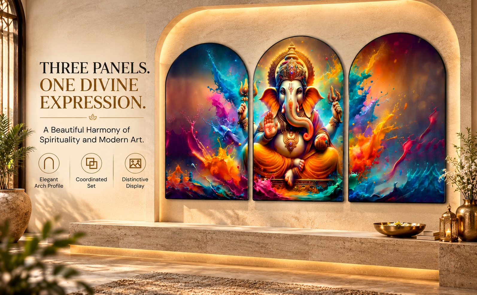 Three Panels One Divine Expression - Arched Lord Ganesha product design banner