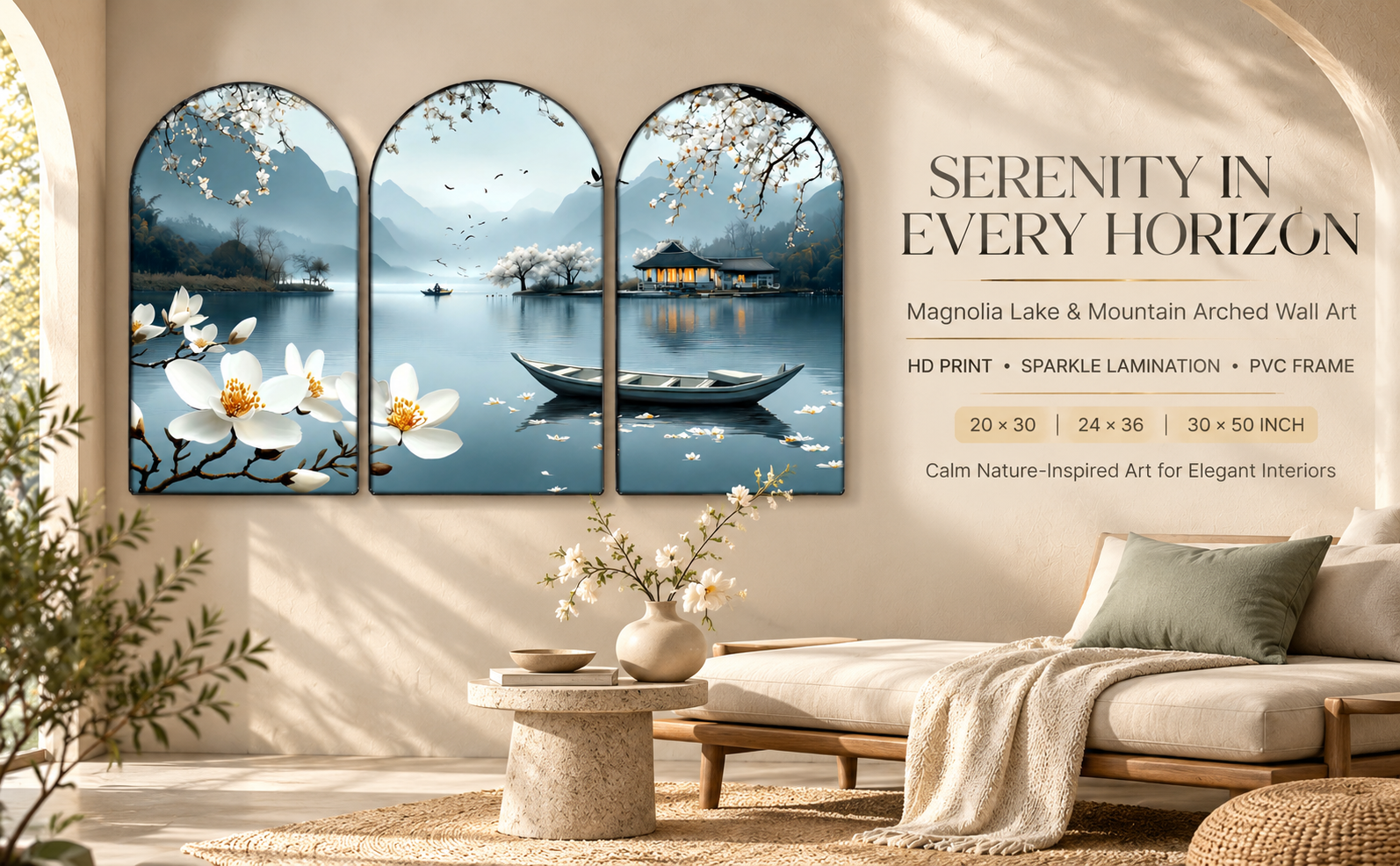 Magnolia Blossom Lake and Mountain Landscape Set of 3 Arched Wall Paintings banner
