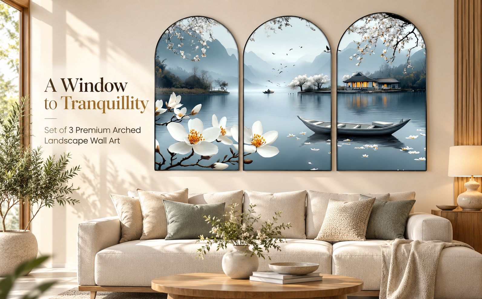 A Window to Tranquillity premium living room lifestyle banner with Magnolia Lake and Mountain Set of 3 Arched Wall Art