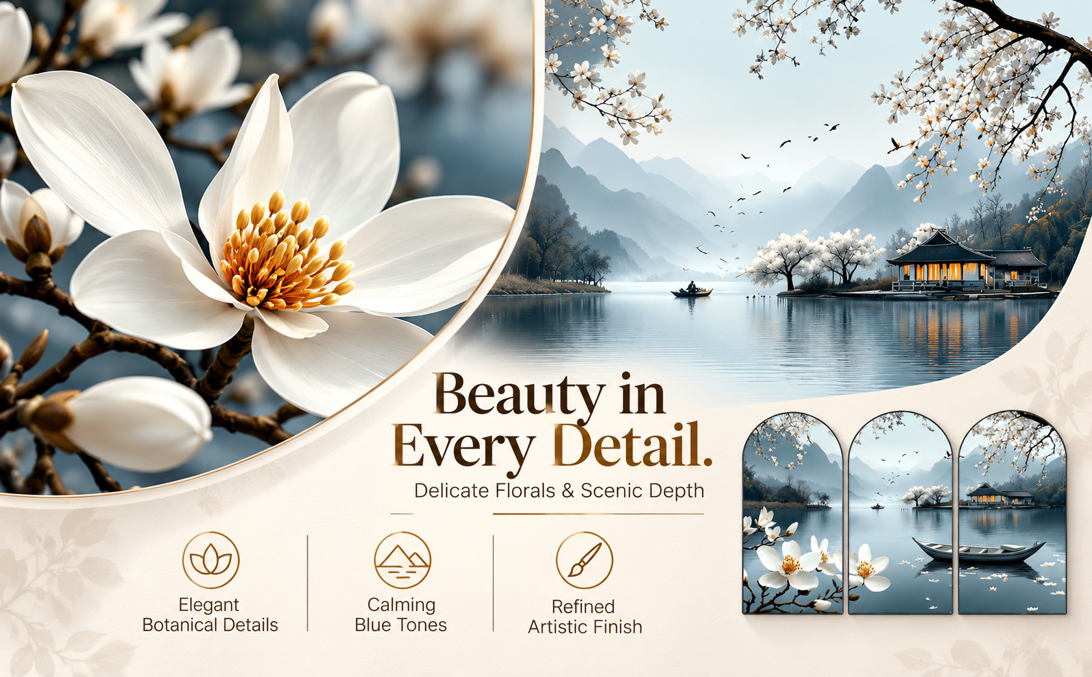 Beauty in Every Detail magnolia flower close-up and misty mountain lake artwork details banner