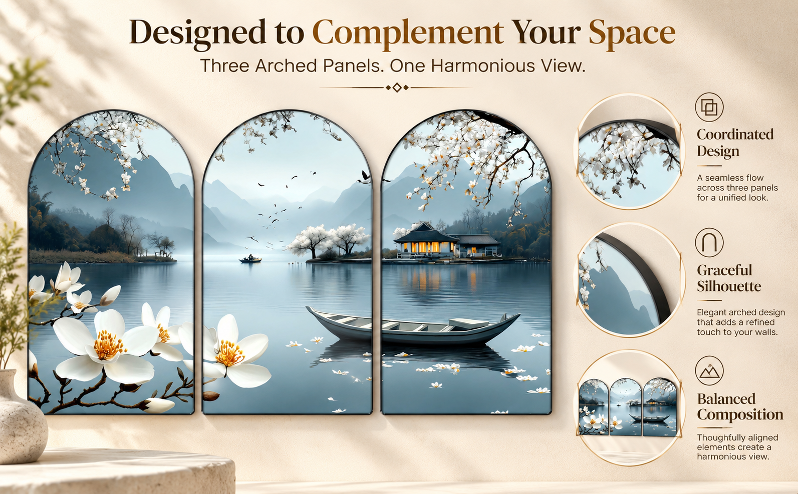 Designed to Complement Your Space coordinated three-panel arched Magnolia Lake and Mountain wall painting design banner