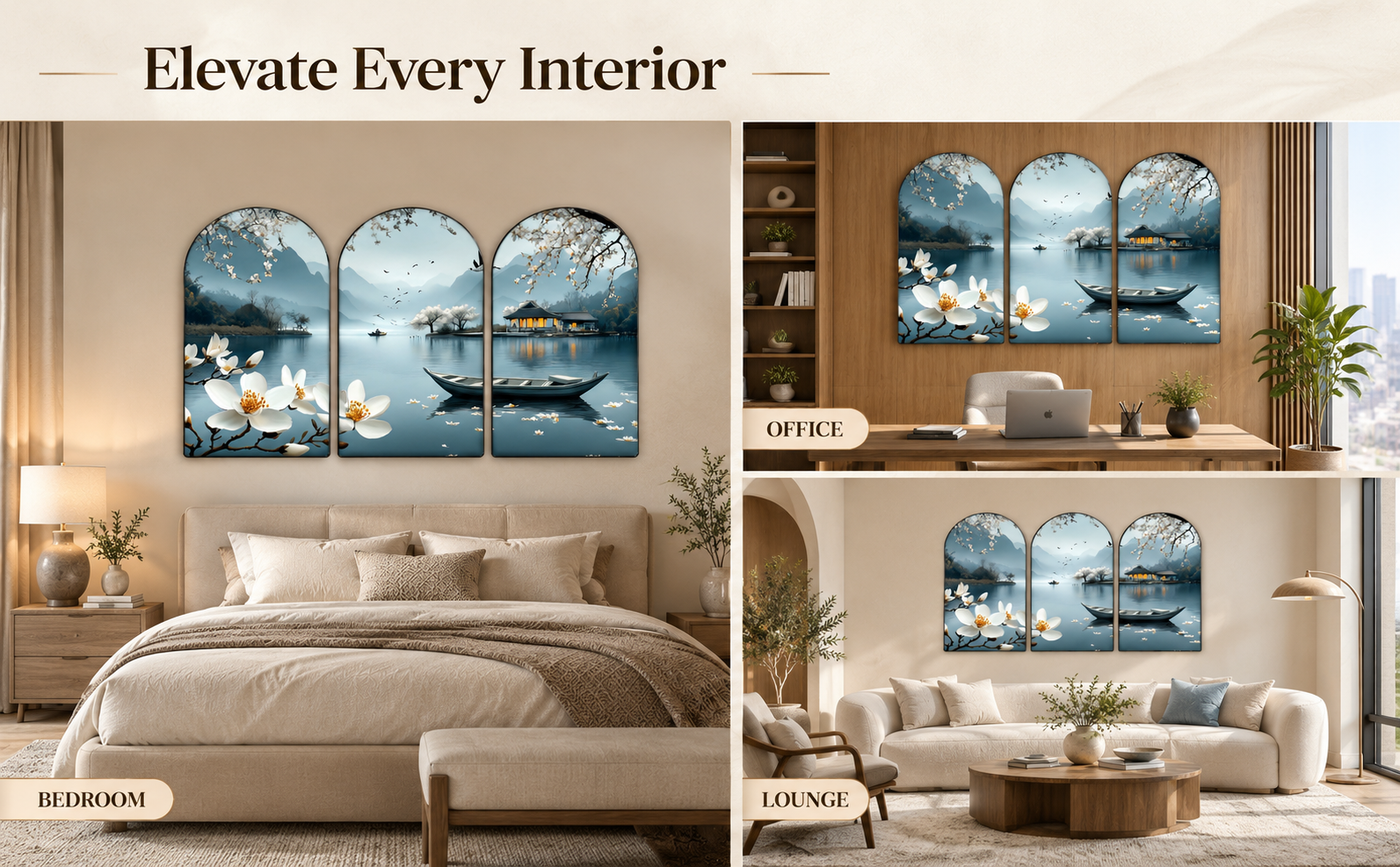 Elevate Every Interior bedroom office and lounge lifestyle placement banner featuring Magnolia Lake and Mountain arched triptych