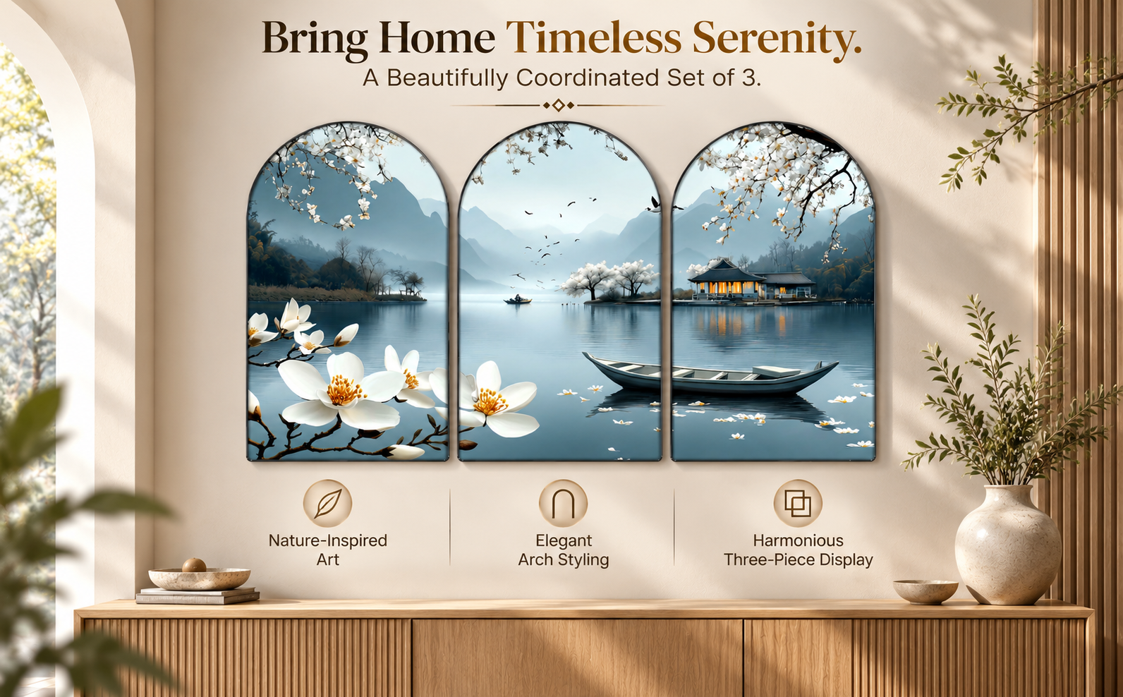 Bring Home Timeless Serenity complete Magnolia Lake and Mountain Set of 3 Arched Wall Art studio collection banner