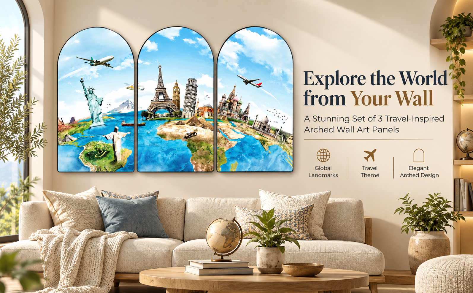Explore the World from Your Wall premium lifestyle banner featuring World Travel Landmark Set of 3 Arched Wall Paintings