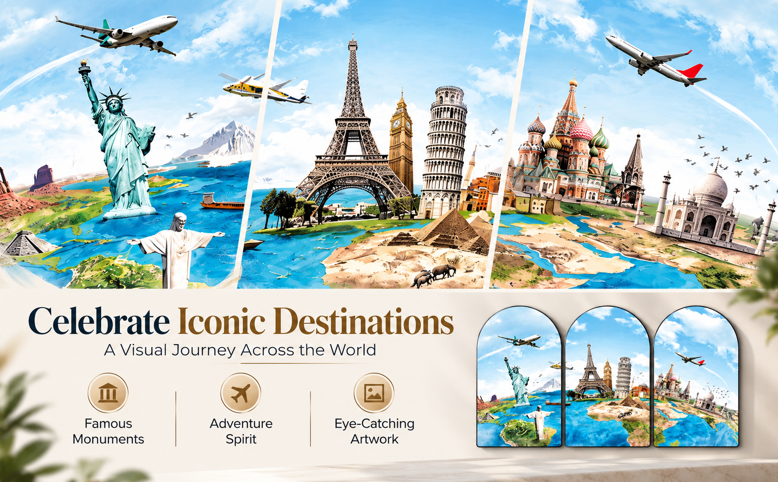 Celebrate Iconic Destinations detail banner featuring Eiffel Tower Statue of Liberty Taj Mahal and other printed world landmarks
